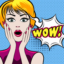 Surprised woman face with open mouth. WOW bubble and expression, look and word. Vector illustration